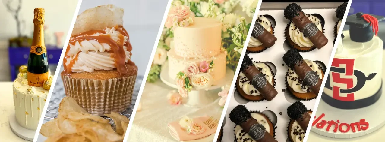 Image of cupcakes, wedding cake, birthday cake