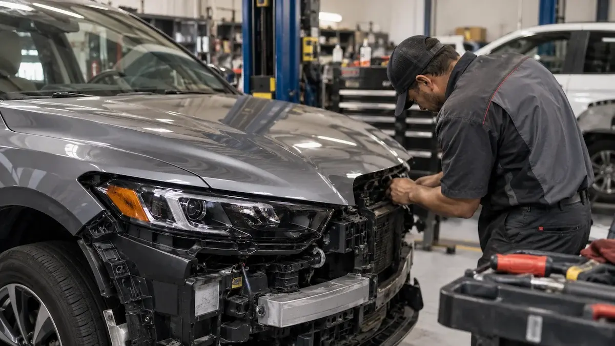 Mechanic Repairing Exposed SUV Front End