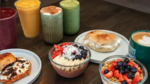 clairemont coffee shop coffees and foods on table