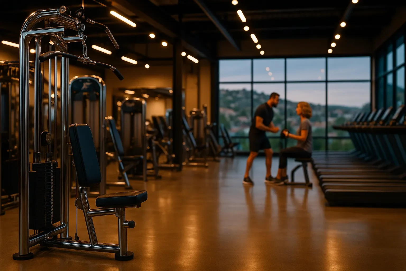 inside a pristine gym with personal trainer and client in background
