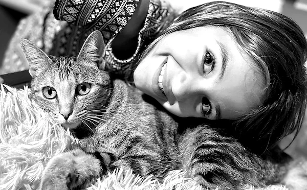 Naomi and her cat b&w