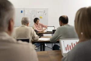 Senior people school class with laptop computer
